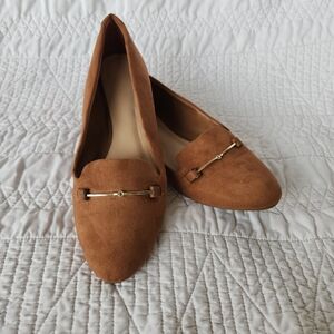 Aldo Suede Tan Brown Comfort Loafers Gold Bar Size 10.5-11